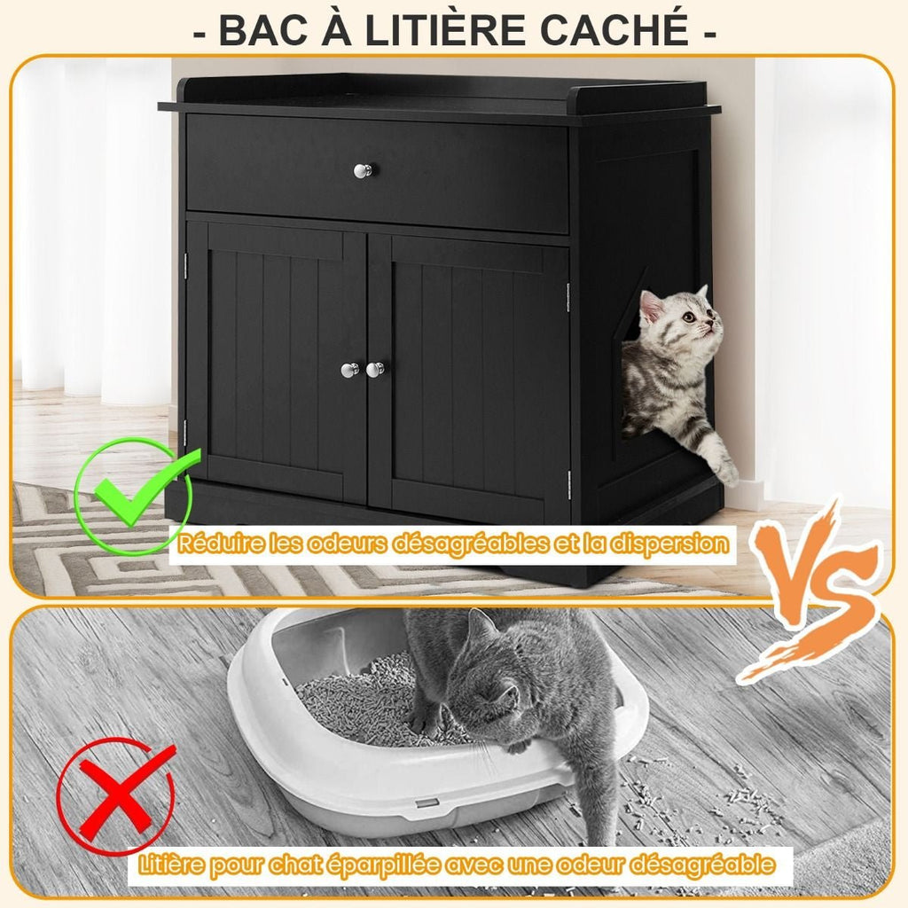 Enceinte De Bac À Litière Pour Chat Meubles De Toilette Cachés Pour Chat Avec Tiroir Et 2 Portes Table D'Appoint Pour Chat Blanc/Noir - KPAKPA Market