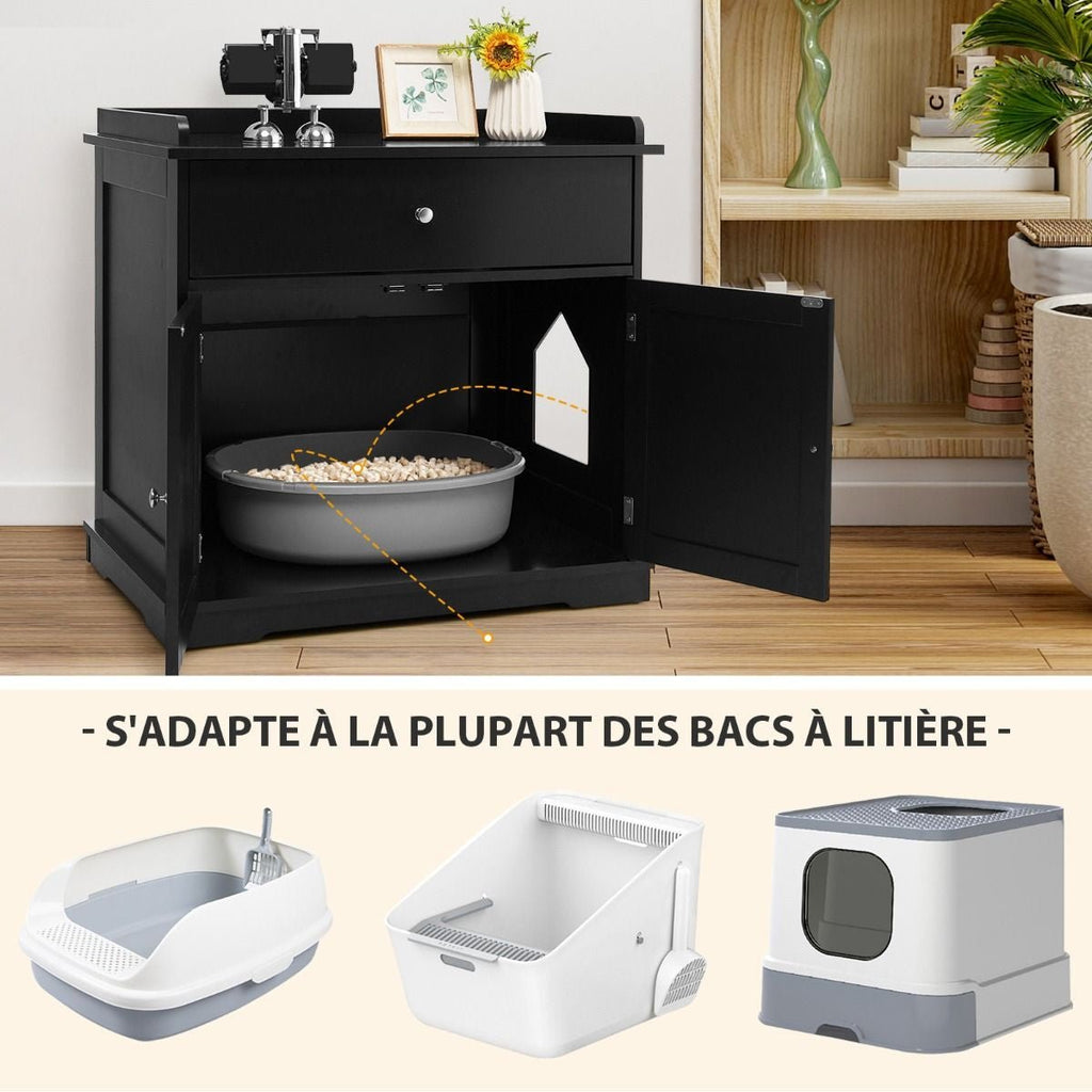 Enceinte De Bac À Litière Pour Chat Meubles De Toilette Cachés Pour Chat Avec Tiroir Et 2 Portes Table D'Appoint Pour Chat Blanc/Noir - KPAKPA Market