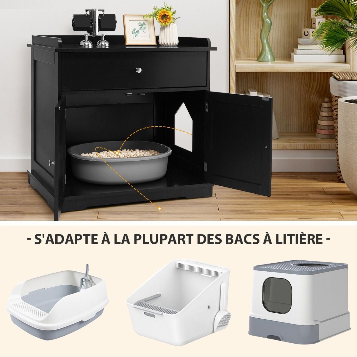 Enceinte De Bac À Litière Pour Chat Meubles De Toilette Cachés Pour Chat Avec Tiroir Et 2 Portes Table D'Appoint Pour Chat Blanc/Noir - KPAKPA Market
