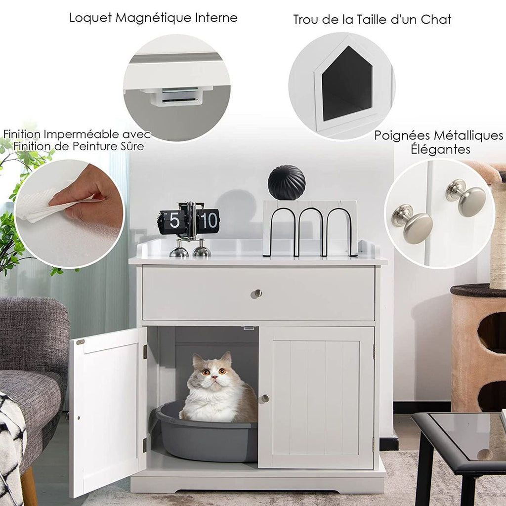 Enceinte De Bac À Litière Pour Chat Meubles De Toilette Cachés Pour Chat Avec Tiroir Et 2 Portes Table D'Appoint Pour Chat Blanc/Noir - KPAKPA Market