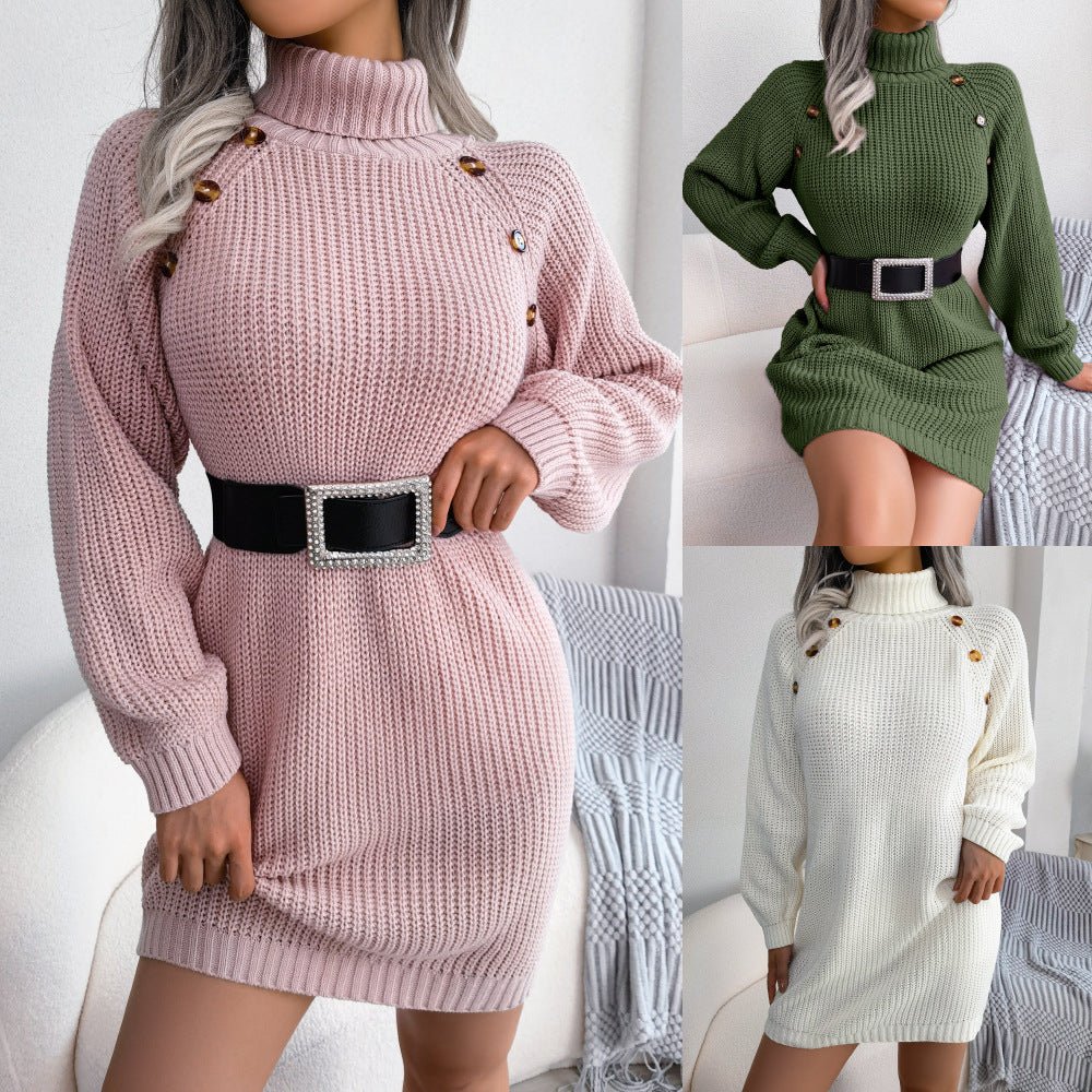 Winter Turtleneck Long Sweater Dress with Button Design Leisure Clinch Long Sleeve Base Sweater Women - KPAKPA Market