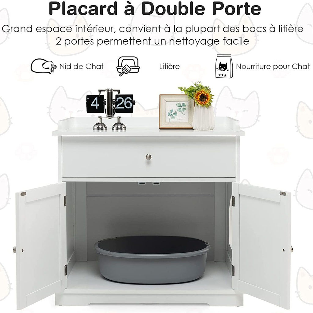 Enceinte De Bac À Litière Pour Chat Meubles De Toilette Cachés Pour Chat Avec Tiroir Et 2 Portes Table D'Appoint Pour Chat Blanc/Noir - KPAKPA Market