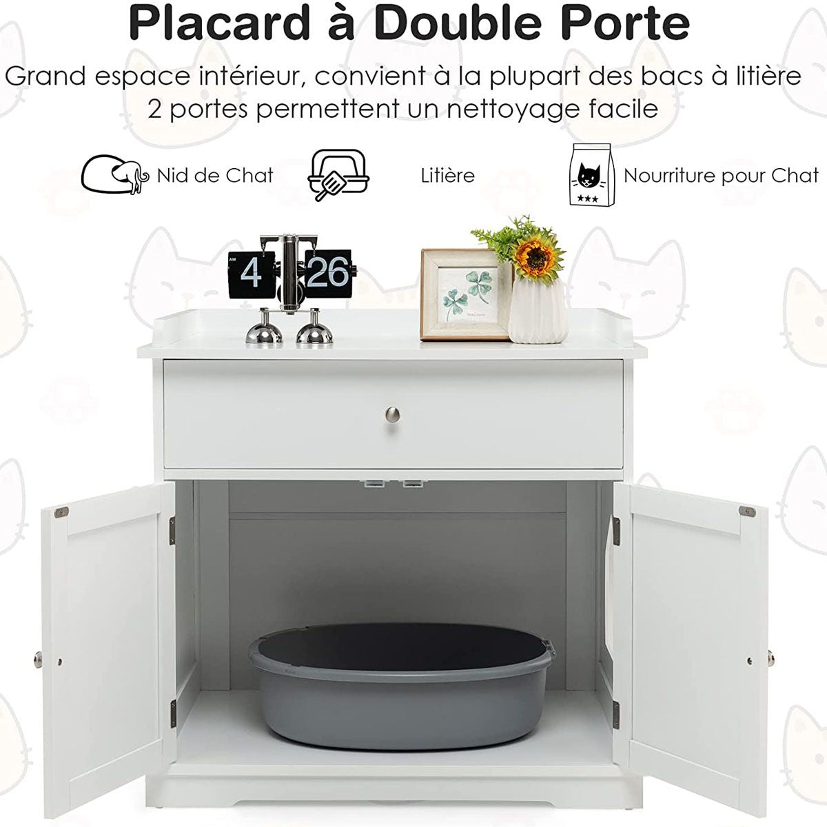 Enceinte De Bac À Litière Pour Chat Meubles De Toilette Cachés Pour Chat Avec Tiroir Et 2 Portes Table D'Appoint Pour Chat Blanc/Noir - KPAKPA Market