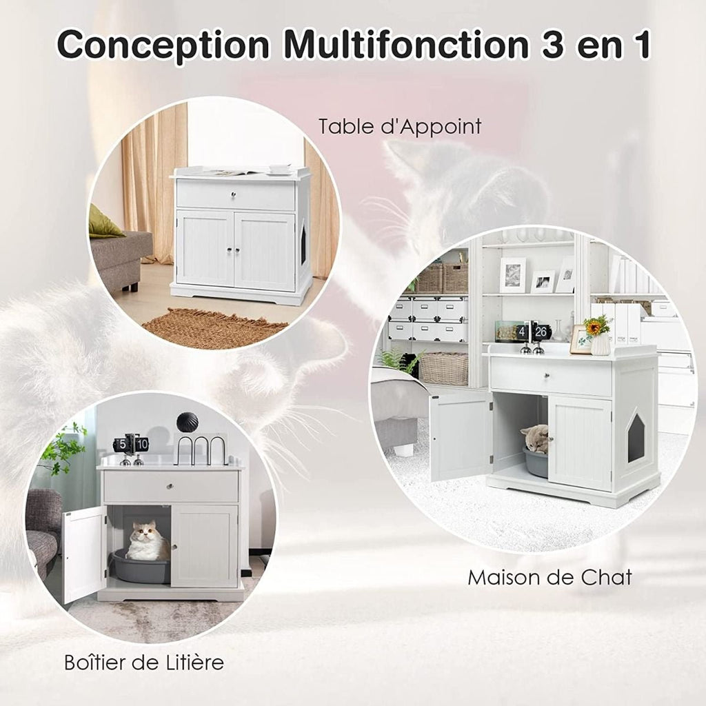 Enceinte De Bac À Litière Pour Chat Meubles De Toilette Cachés Pour Chat Avec Tiroir Et 2 Portes Table D'Appoint Pour Chat Blanc/Noir - KPAKPA Market