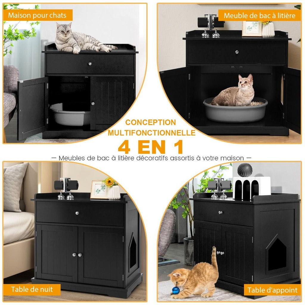 Enceinte De Bac À Litière Pour Chat Meubles De Toilette Cachés Pour Chat Avec Tiroir Et 2 Portes Table D'Appoint Pour Chat Blanc/Noir - KPAKPA Market