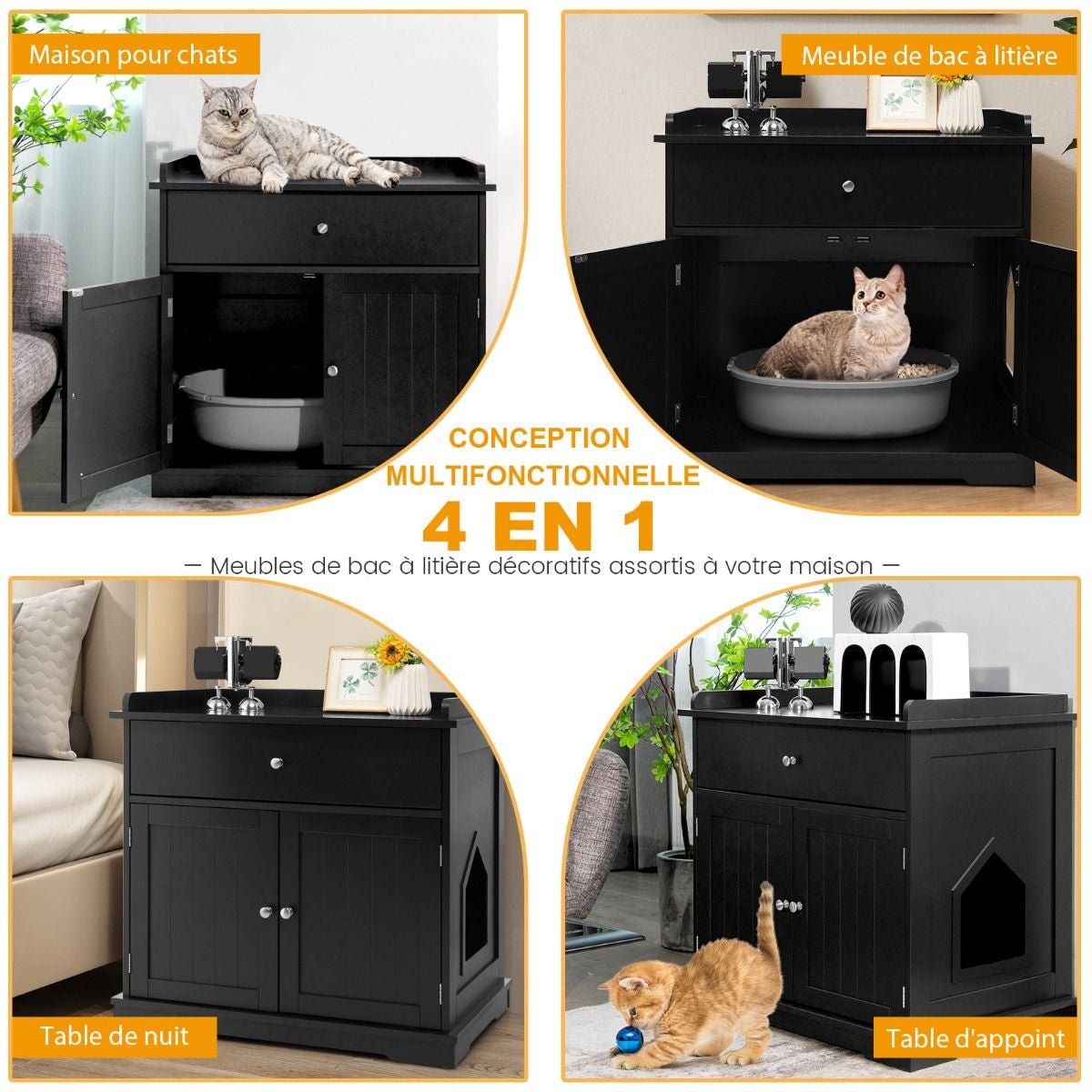 Enceinte De Bac À Litière Pour Chat Meubles De Toilette Cachés Pour Chat Avec Tiroir Et 2 Portes Table D'Appoint Pour Chat Blanc/Noir - KPAKPA Market
