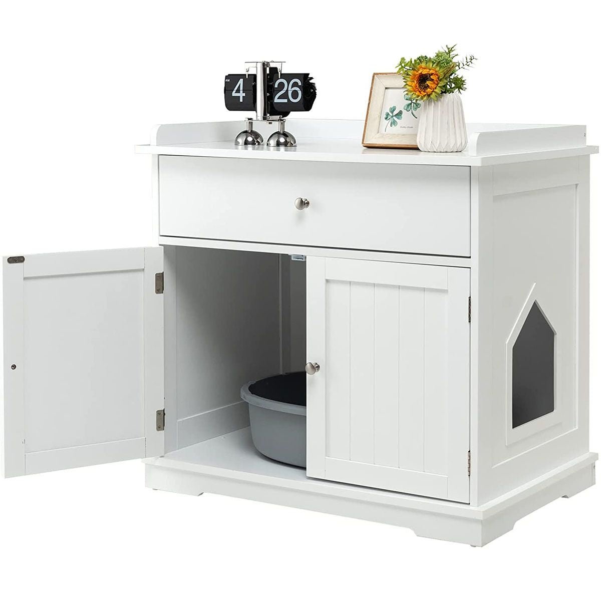 Enceinte De Bac À Litière Pour Chat Meubles De Toilette Cachés Pour Chat Avec Tiroir Et 2 Portes Table D'Appoint Pour Chat Blanc/Noir - KPAKPA Market