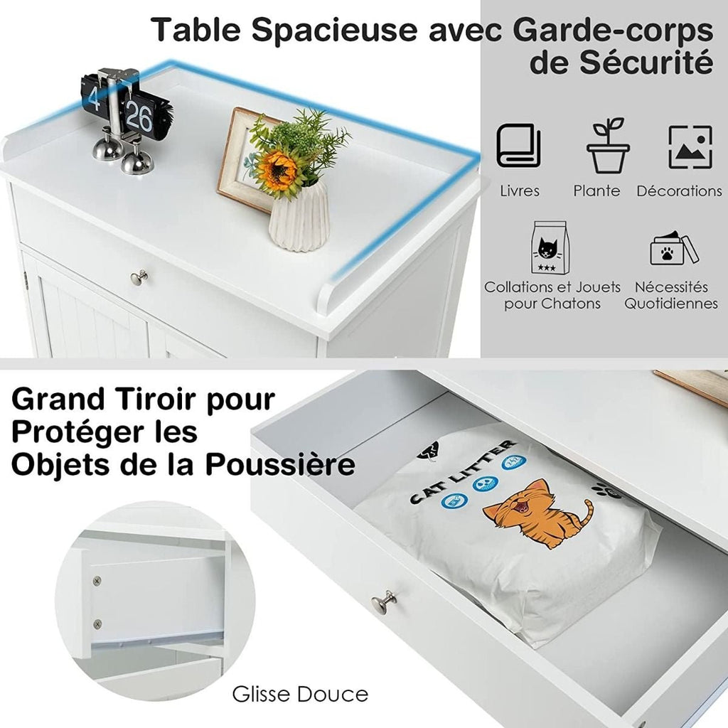 Enceinte De Bac À Litière Pour Chat Meubles De Toilette Cachés Pour Chat Avec Tiroir Et 2 Portes Table D'Appoint Pour Chat Blanc/Noir - KPAKPA Market