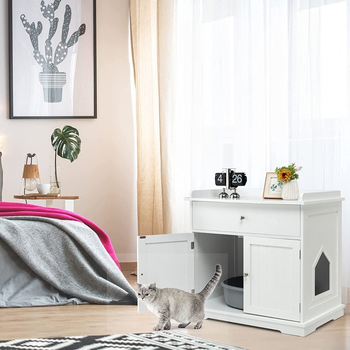 Enceinte De Bac À Litière Pour Chat Meubles De Toilette Cachés Pour Chat Avec Tiroir Et 2 Portes Table D'Appoint Pour Chat Blanc/Noir - KPAKPA Market