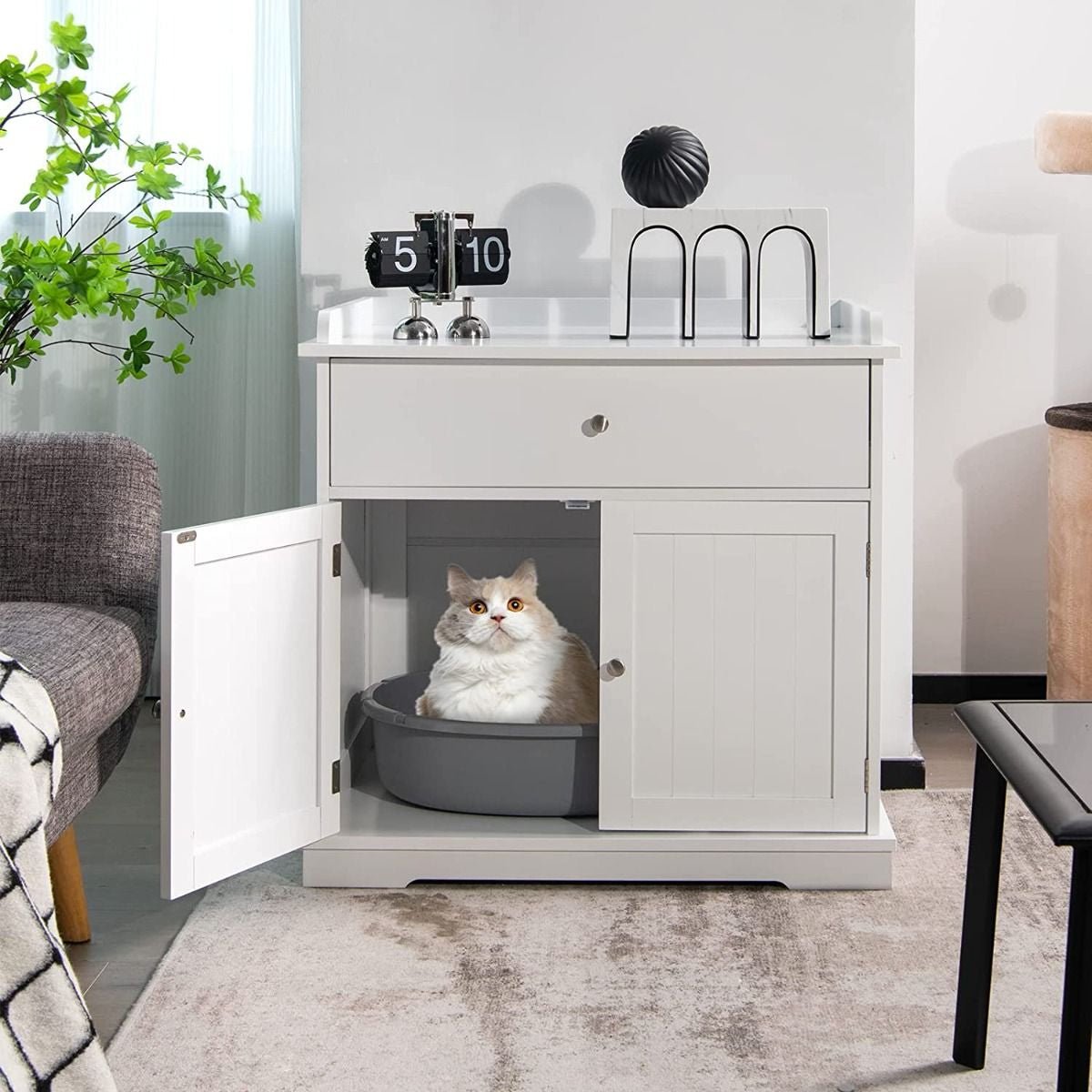 Enceinte De Bac À Litière Pour Chat Meubles De Toilette Cachés Pour Chat Avec Tiroir Et 2 Portes Table D'Appoint Pour Chat Blanc/Noir - KPAKPA Market