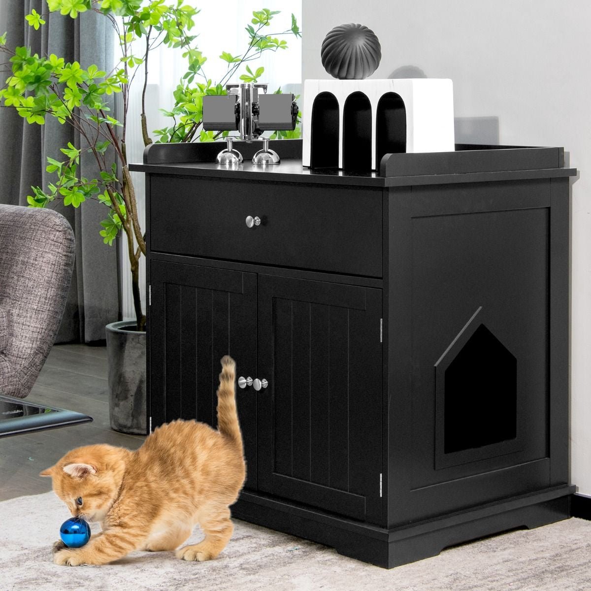 Enceinte De Bac À Litière Pour Chat Meubles De Toilette Cachés Pour Chat Avec Tiroir Et 2 Portes Table D'Appoint Pour Chat Blanc/Noir - KPAKPA Market