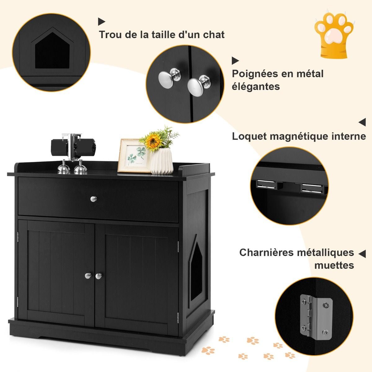 Enceinte De Bac À Litière Pour Chat Meubles De Toilette Cachés Pour Chat Avec Tiroir Et 2 Portes Table D'Appoint Pour Chat Blanc/Noir - KPAKPA Market