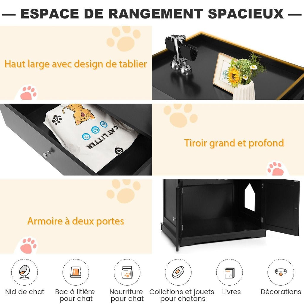 Enceinte De Bac À Litière Pour Chat Meubles De Toilette Cachés Pour Chat Avec Tiroir Et 2 Portes Table D'Appoint Pour Chat Blanc/Noir - KPAKPA Market